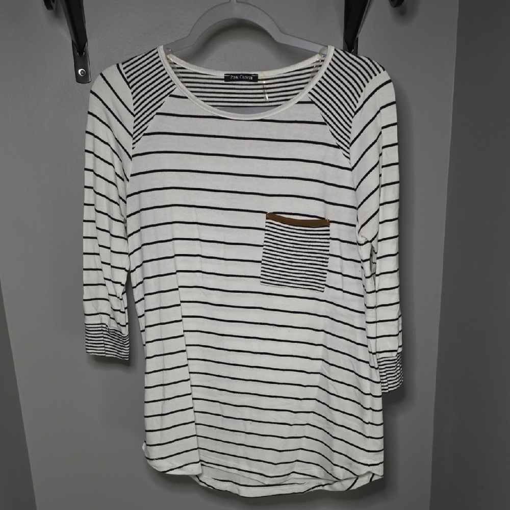 Pink Clover White and Black Striped Long Sleeve Top